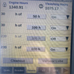 Service setup screen displaying Engine Hours 1340.91 h and Threshing Hours 1075.17 h with adjustable hour presets (50 h and 100 h) and On toggles nearby.