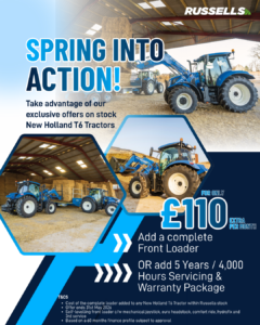 Promotional poster: blue New Holland tractors on a farm, with bold 'Spring Into Action' headline and a £110 monthly offer image.