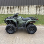 Green Honda ATV parked on a dirt path with grass nearby and a stone wall behind it.