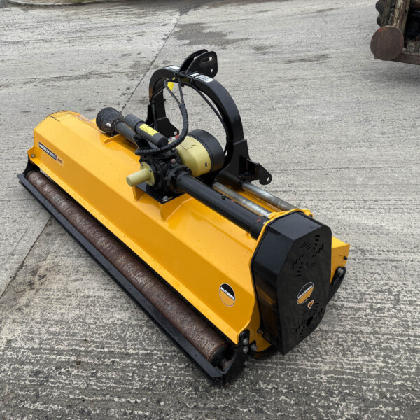 Yellow hydraulic road roller/compactor attachment with two rolling drums on a concrete surface.