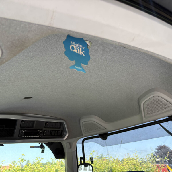 Blue tree-shaped car air freshener hanging from the rearview mirror inside a vehicle.