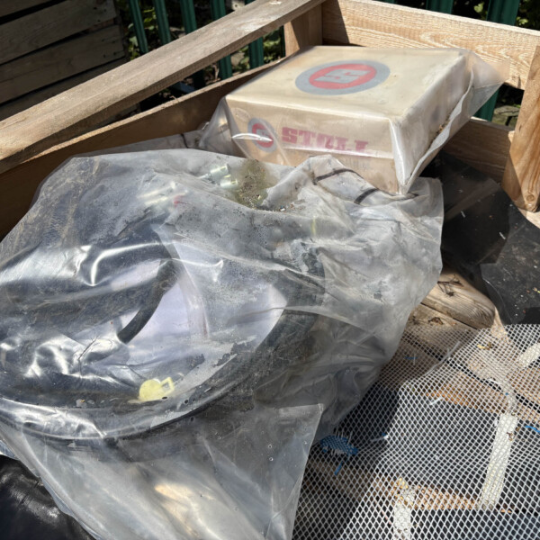 Debris piled in a dumpster: dusty plastic bags, a dusty metal container with a red circular logo, and weathered wooden planks nearby.
