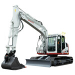 Hydraulic excavator with extended arm and bucket on tracked chassis against a white background