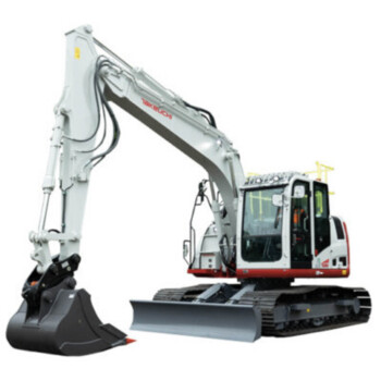 Hydraulic excavator with extended arm and bucket on tracked chassis against a white background