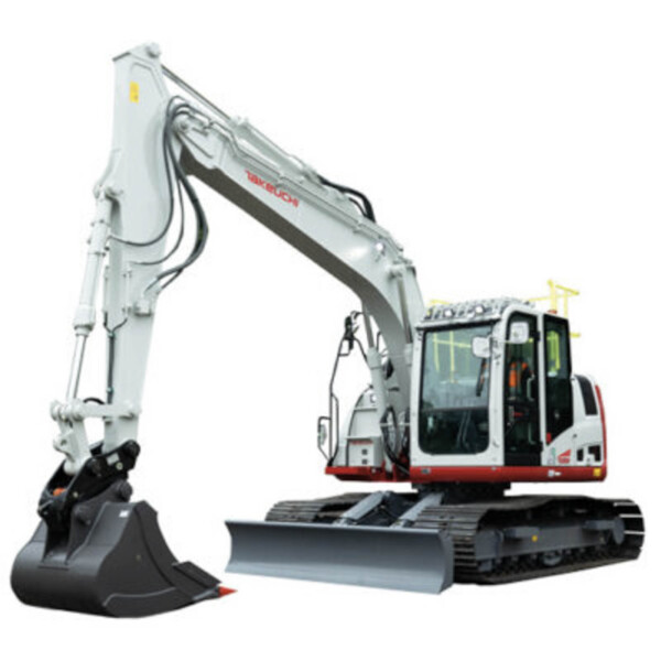 Hydraulic excavator with extended arm and bucket on tracked chassis against a white background