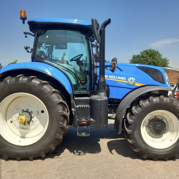 Blue New Holland tractor on a dealership lot, close-up of front wheel and cabin with other blue tractors in background