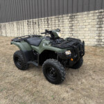 Green ATV with black racks parked on dry grass beside a stone wall and metal building behind it.