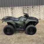 Green all-terrain vehicle (ATV) parked on dry grass in front of a stone wall and dark metal siding fence.
