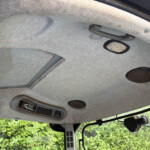 Interior of a vehicle cabin ceiling with a grab handle, overhead light, and control panel; greenery visible through the window outside.