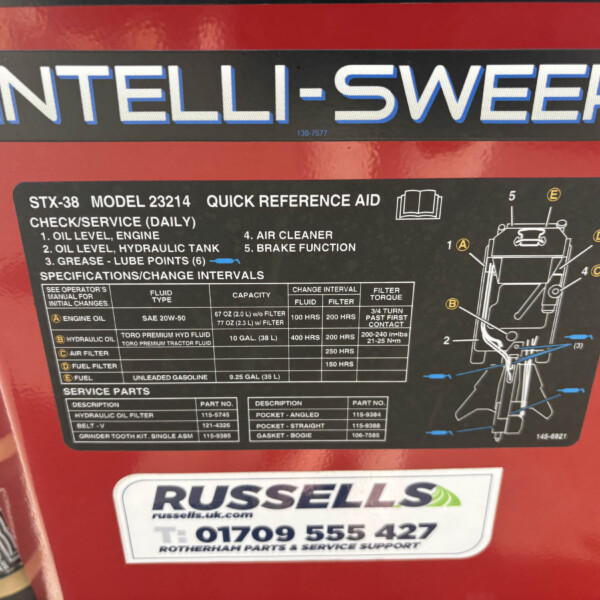 Close-up of a red machine panel featuring a black Intelli-Sweep label and a maintenance/parts sticker underneath for service instructions.