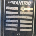 Metal nameplate on equipment showing brand MANITOU and specifications (Series S3, year 2018/2019, serial number, weights)