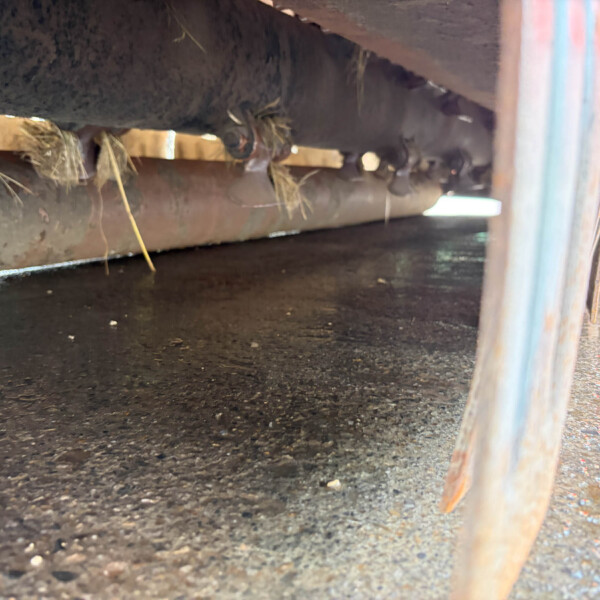 View from the ground under a wooden bench, with hay, dirt, and a rusted metal leg visible on the right edge.