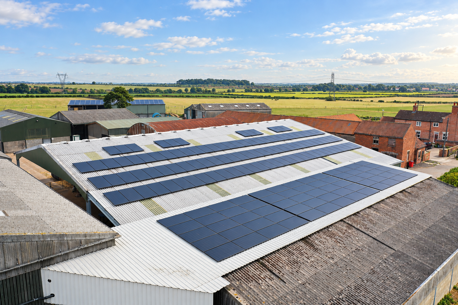 Farm buildings with solar panels on corrugated metal roofs; green fields and farmland in the distance under a blue sky.