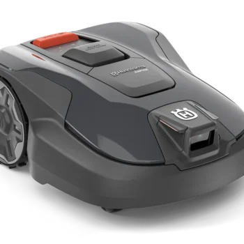 Autonomous Husqvarna Aspire robotic lawn mower, gray with orange safety button, viewed from front-left.