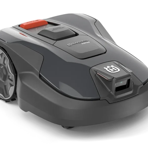 Husqvarna Aspire robotic lawn mower in gray with orange safety lever on top and large rear wheels