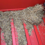 Straw spilled inside a red combine harvester, showing metal feeding trough and blades on the right side.