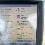 Close-up of an on-board diagnostic screen showing engine speed (850 rpm), current time 14:52 and date 09/23/2026 (Run1).