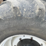 Close-up of a muddy large tractor tire with a white rim and multiple lug nuts visible on the wheel hub